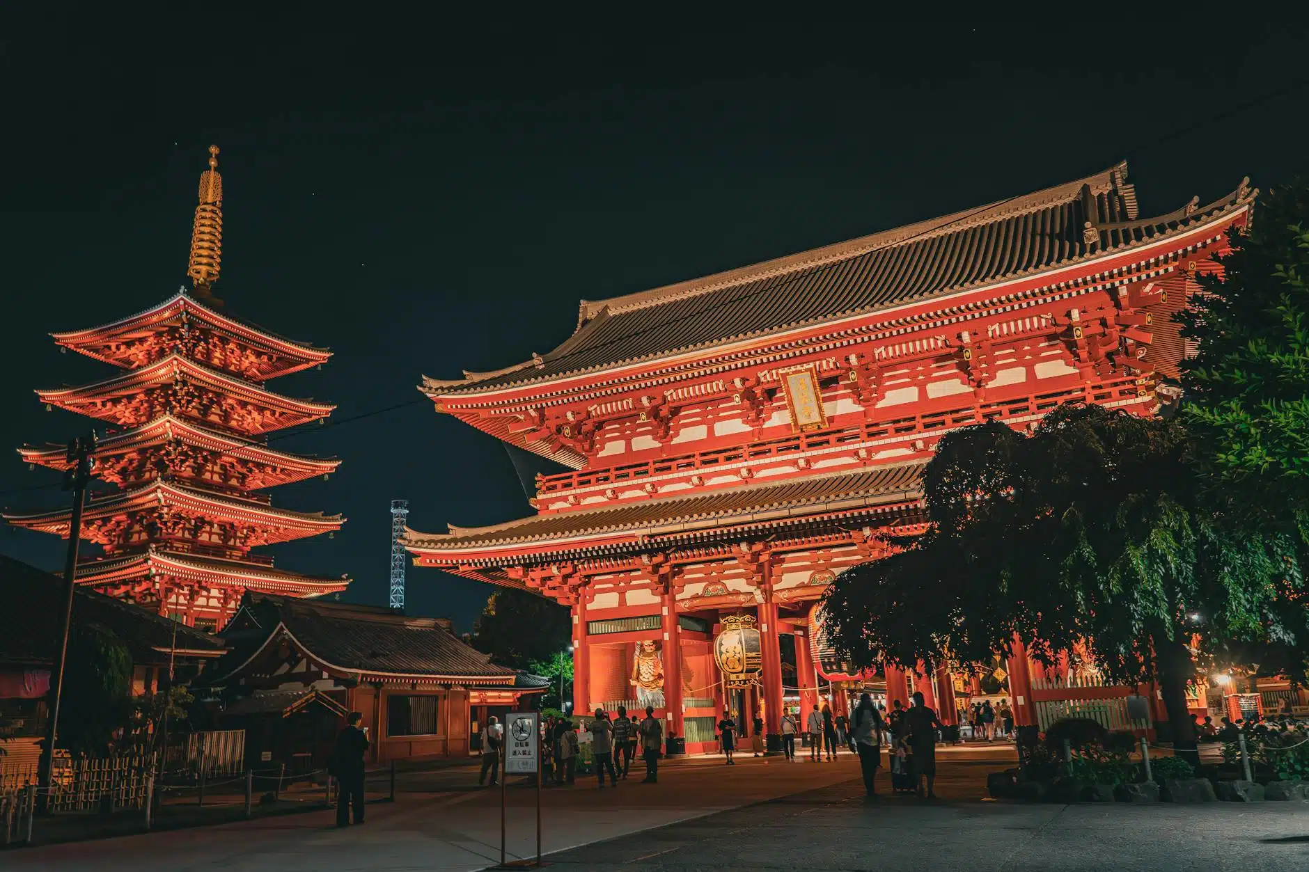Illuminated Senso-ji Temple in Tokyo at night, showcasing traditional Japanese architecture.