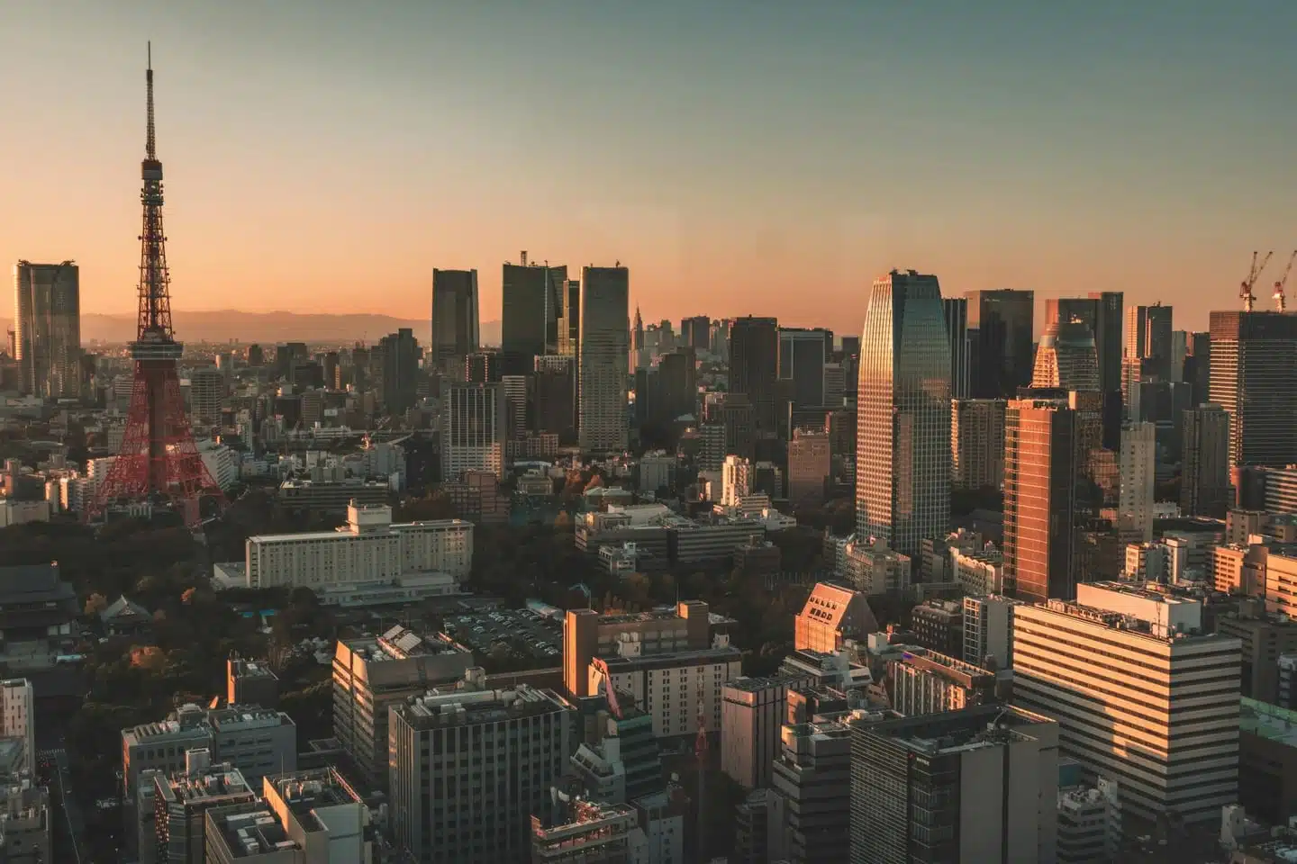Stunning aerial view of Tokyo's skyline with Tokyo Tower at sunset. Perfect for travel and urban cityscape imagery.