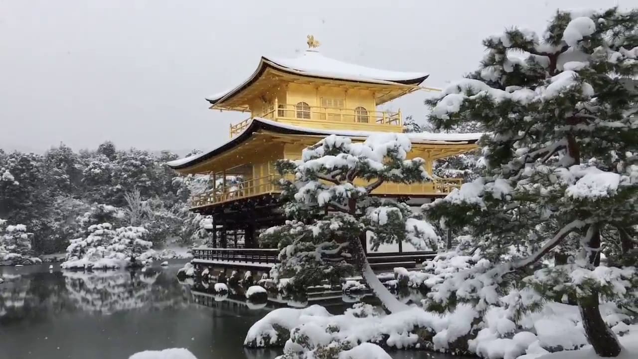 Snow in Kyoto Kinkakuji (Golden Pavilion) covered with snow