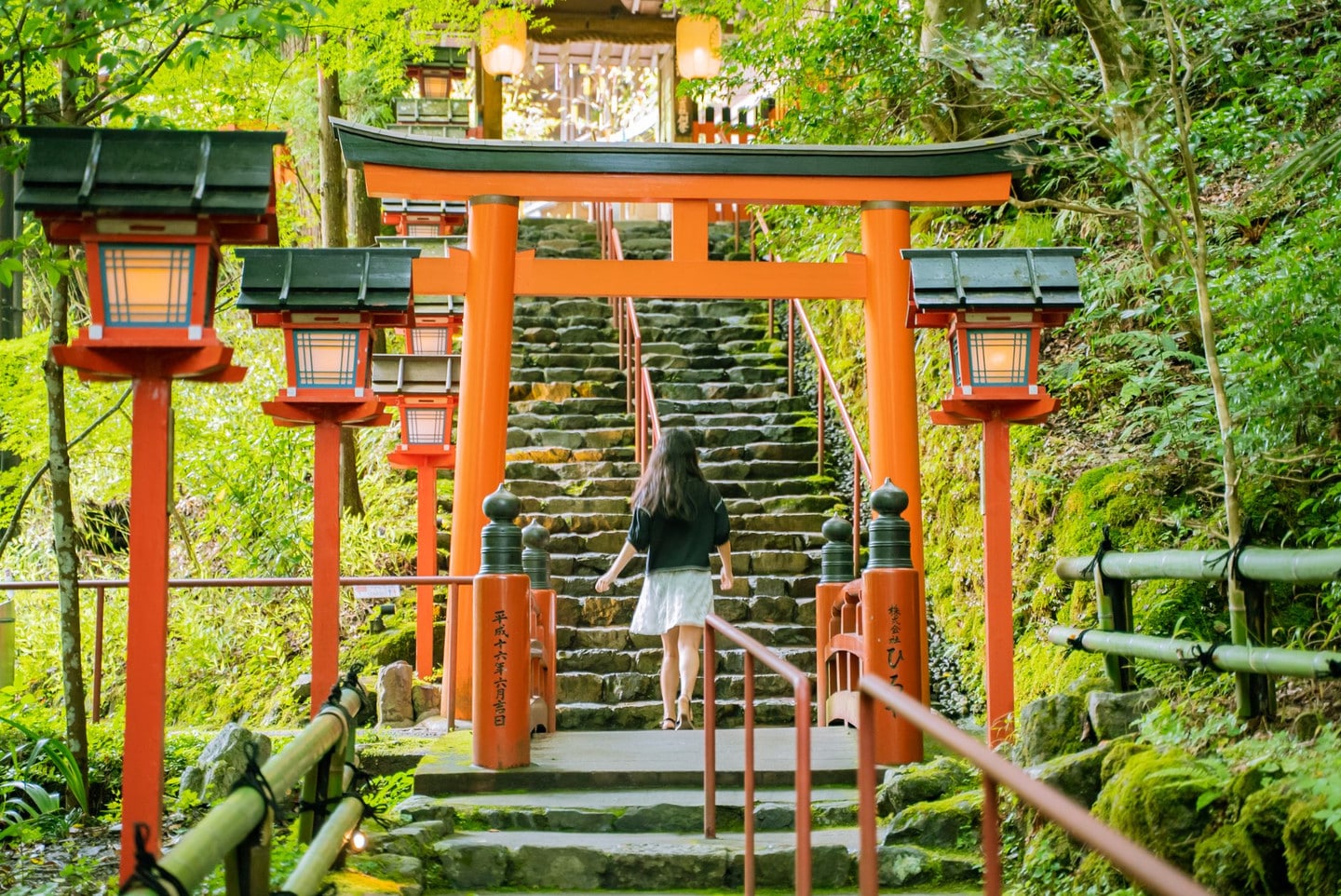 貴船神社朱紅色燈籠參道,是雪景巴士接駁行程重點景點