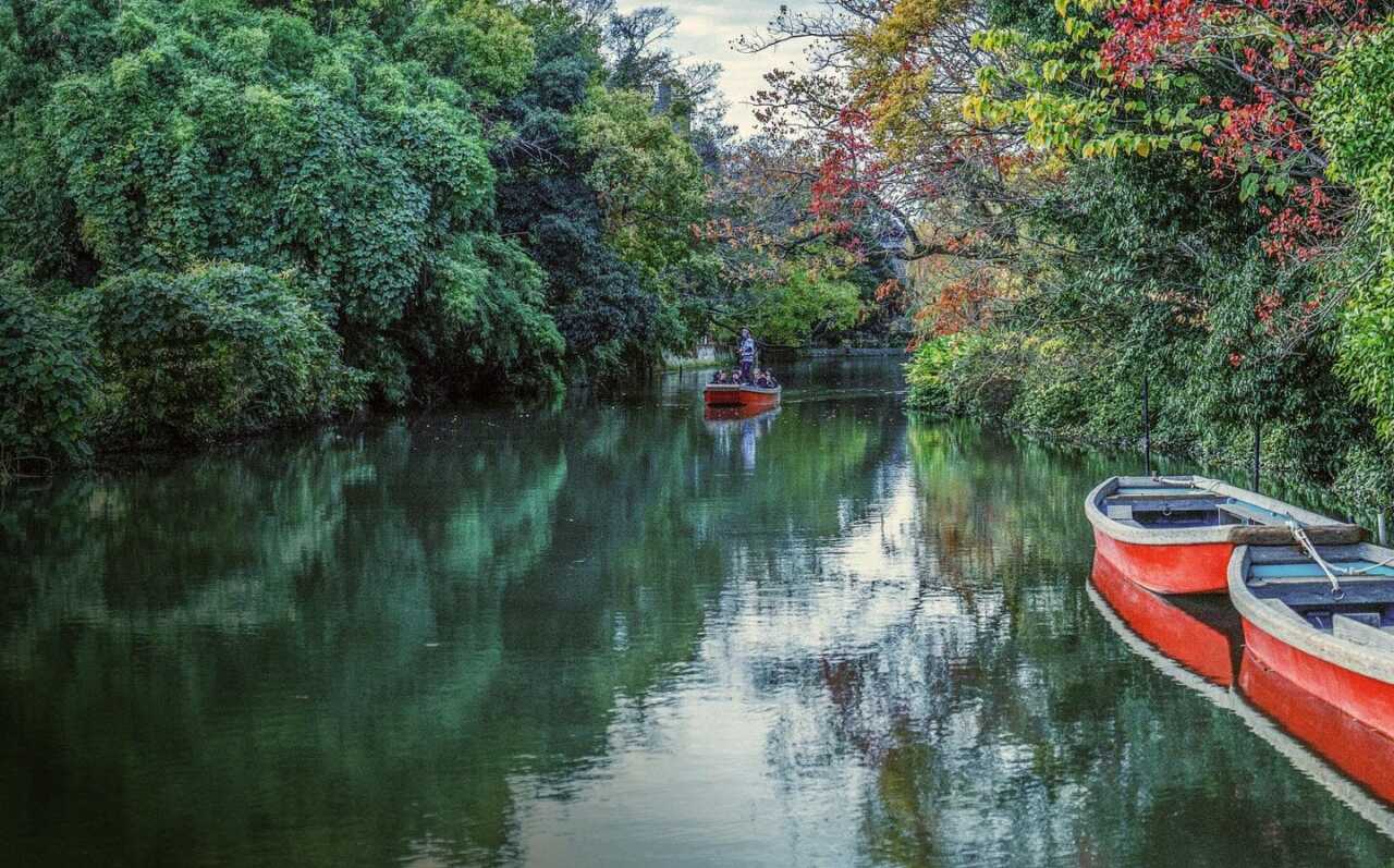 柳川水鄉掘割上的紅色遊船與船夫撐篙