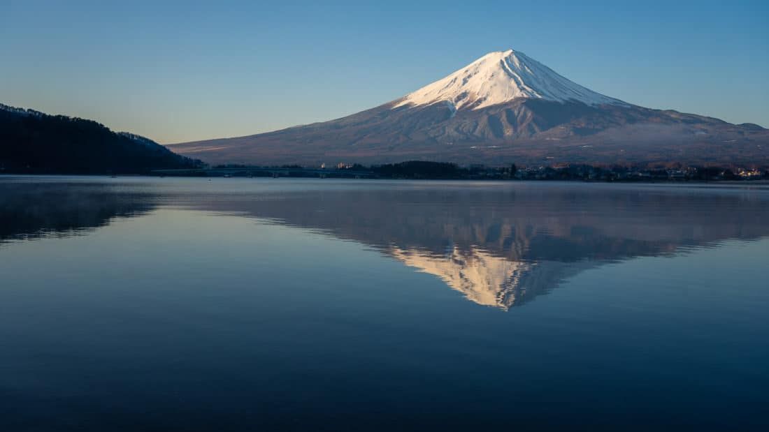 Looking out at Mt. Fuji from the shore of Lake Kawaguchi