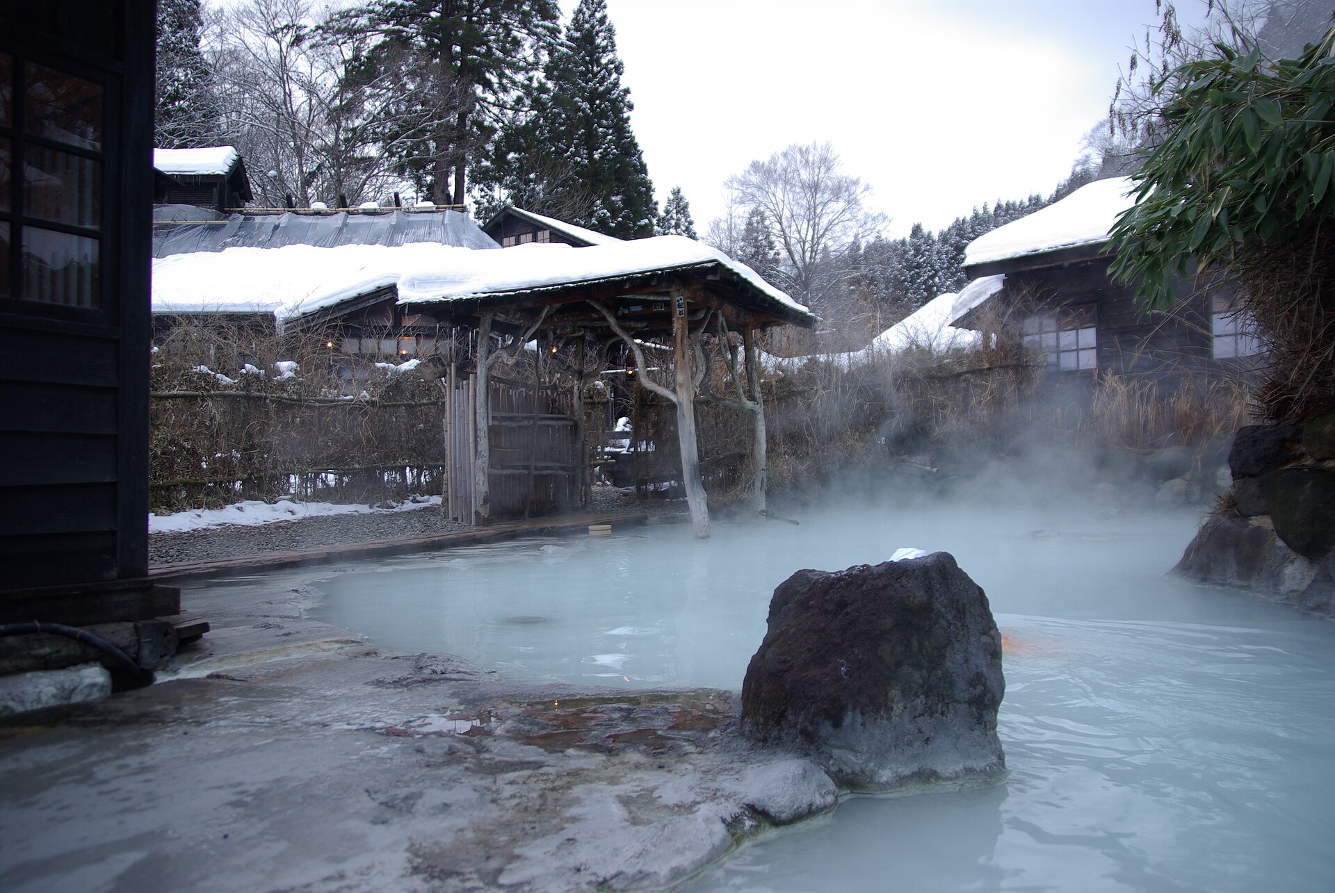 The milky-white mixed-gender open-air bath at Tsurunoyu Onsen