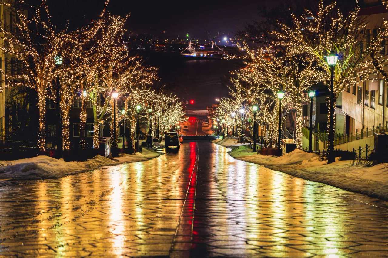 Winter illuminated street scene in Hakodate's Motomachi