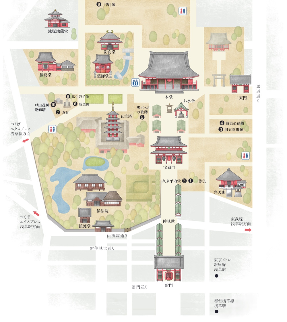 Illustrated map of Senso-ji temple grounds showing halls, a five-story pagoda, a garden, and nearby station locations