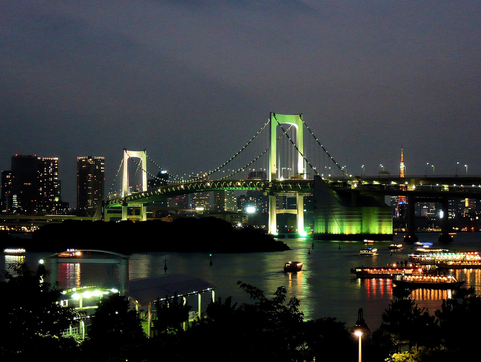夜の東京湾に浮かぶ緑色にライトアップされたレインボーブリッジと、灯りをともした遊覧船