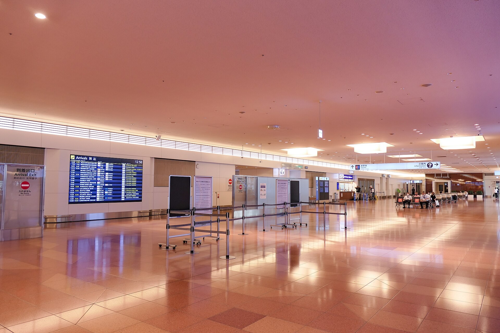 Empty airport arrivals hall with glossy floor, flight board, and queue barriers