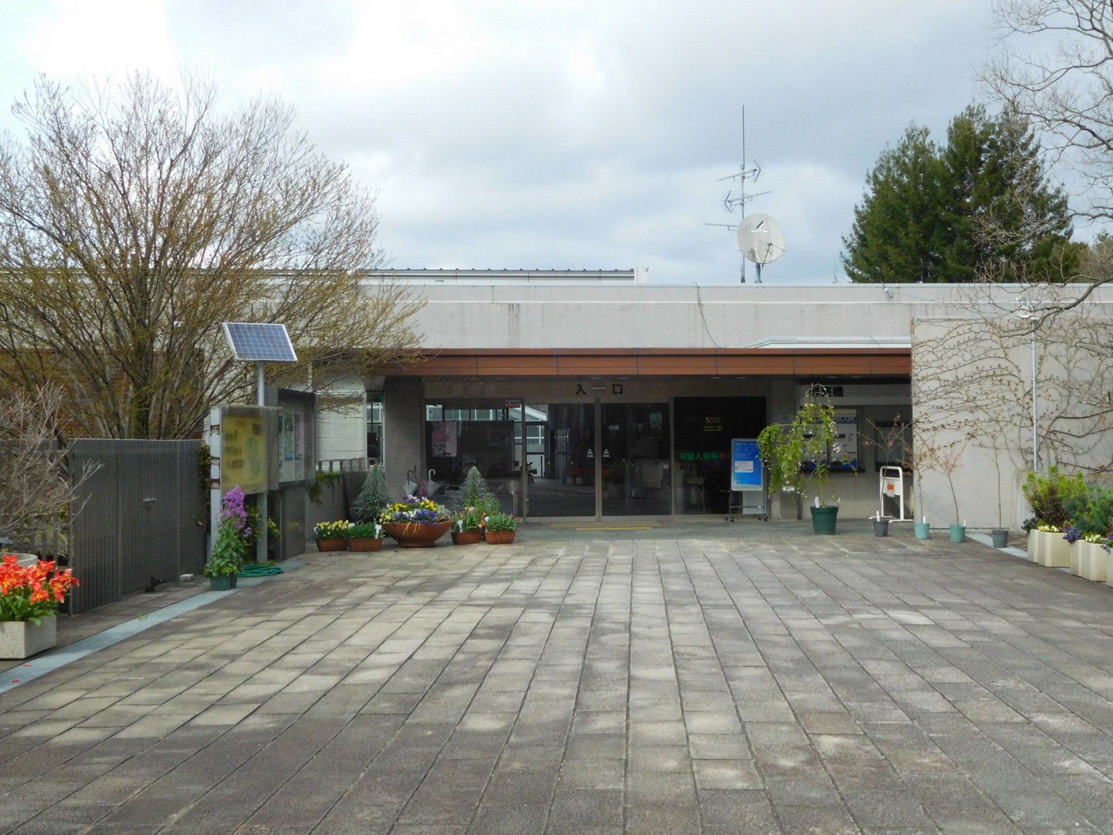 コンクリート造りの低層建物の入口。舗装された広場に花の鉢植えが並び、空は曇っている。
