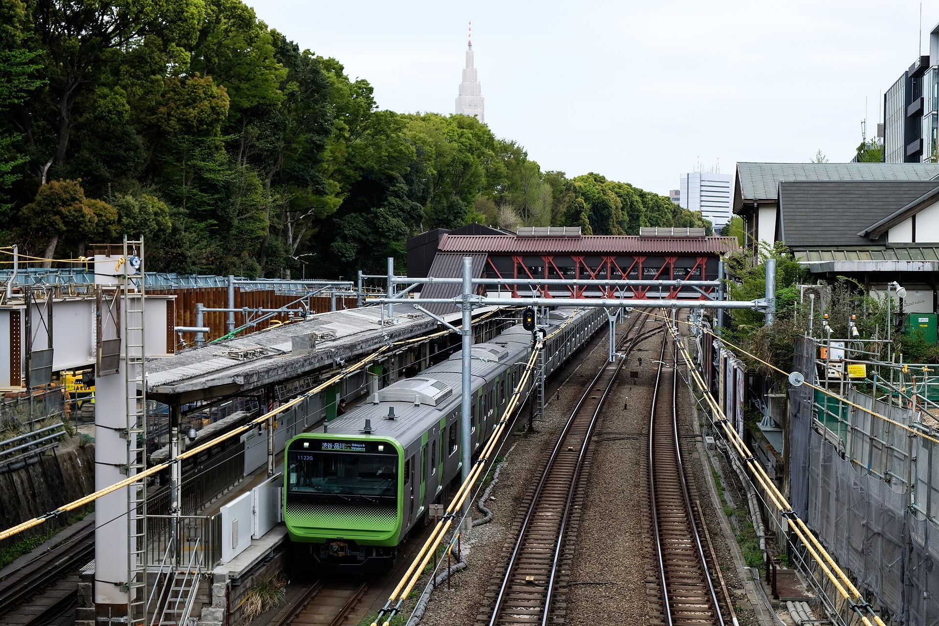 A green commuter train runs along elevated tracks beside a wooded hillside, with a distant tower and city buildings visible.